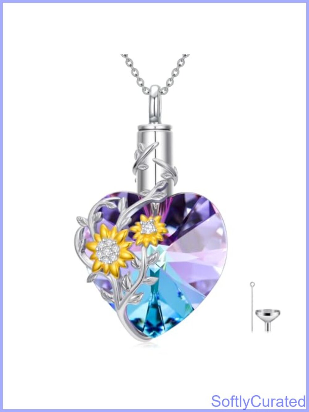 White Gold Plated Heart Crystal Urn Necklace for Ashes Sunflower Memorial